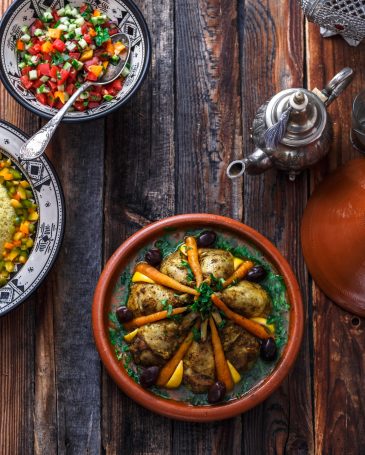 Morrocan family meal tajine, couscous, salad and tea