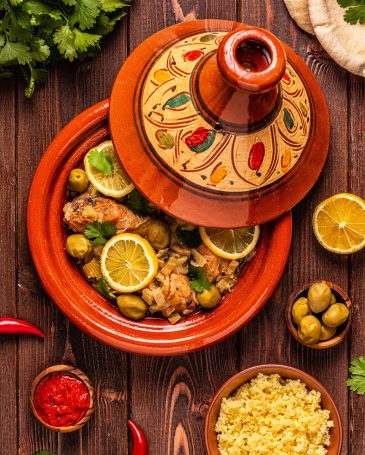 Traditional moroccan tajine of chicken with salted lemons, olives. Top view.